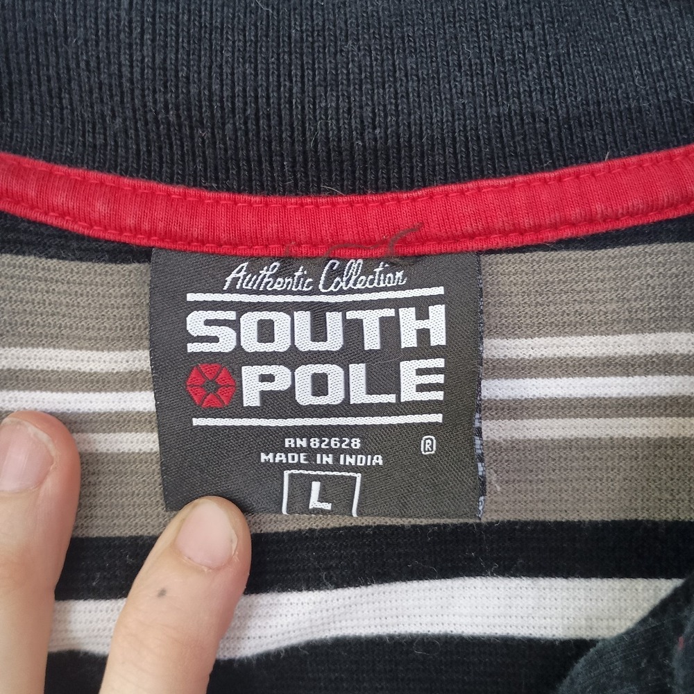 South Pole Striped Polo Shirt Black Red Gray Y2K Streetwear Size Large - Picture 5 of 9